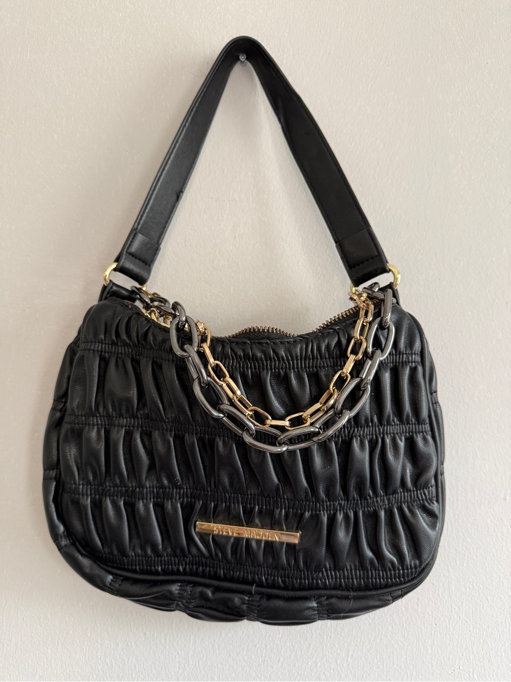 Steve Madden Black Quilted Shoulder Bag with Gold and Silver Chain Detail